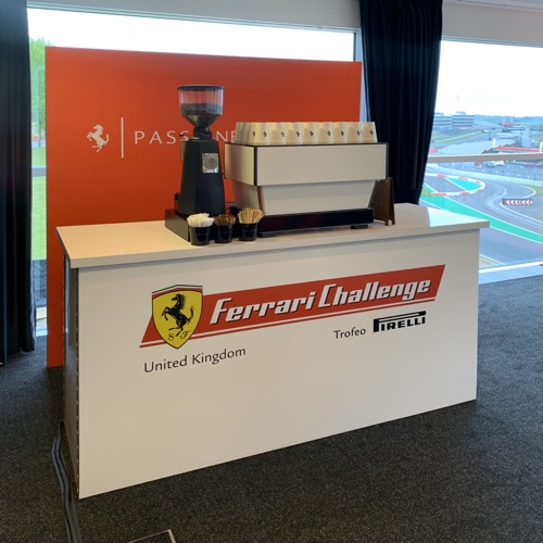 Branded coffee bar and mobile coffee bar hire set up for track day with Ferrari